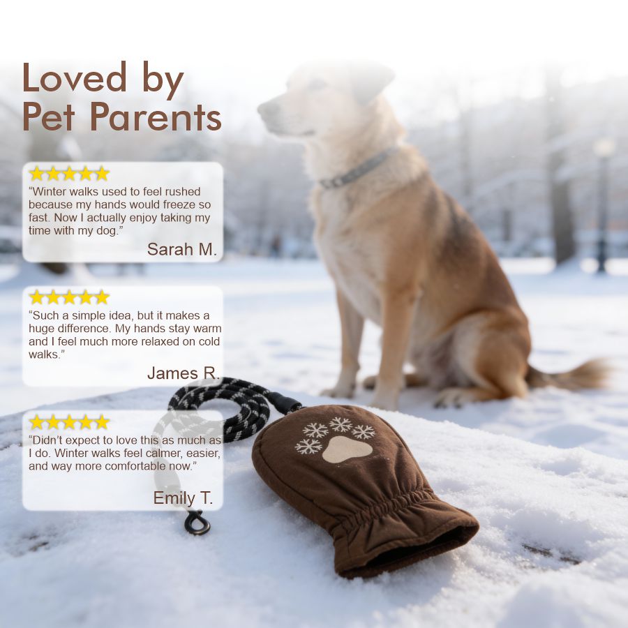 Dog standing in snow with a brown paw warmer, surrounded by winter scenery.