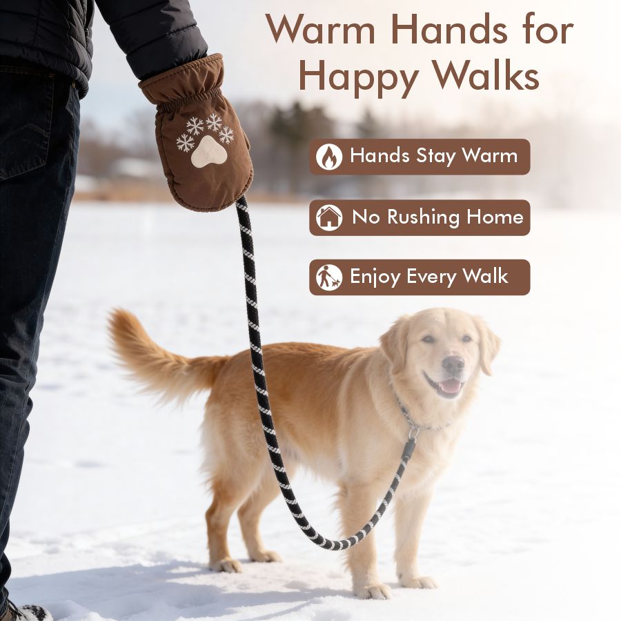 Person walking a dog in the snow wearing brown mittens with paw design, text about warm hands and happy walks.