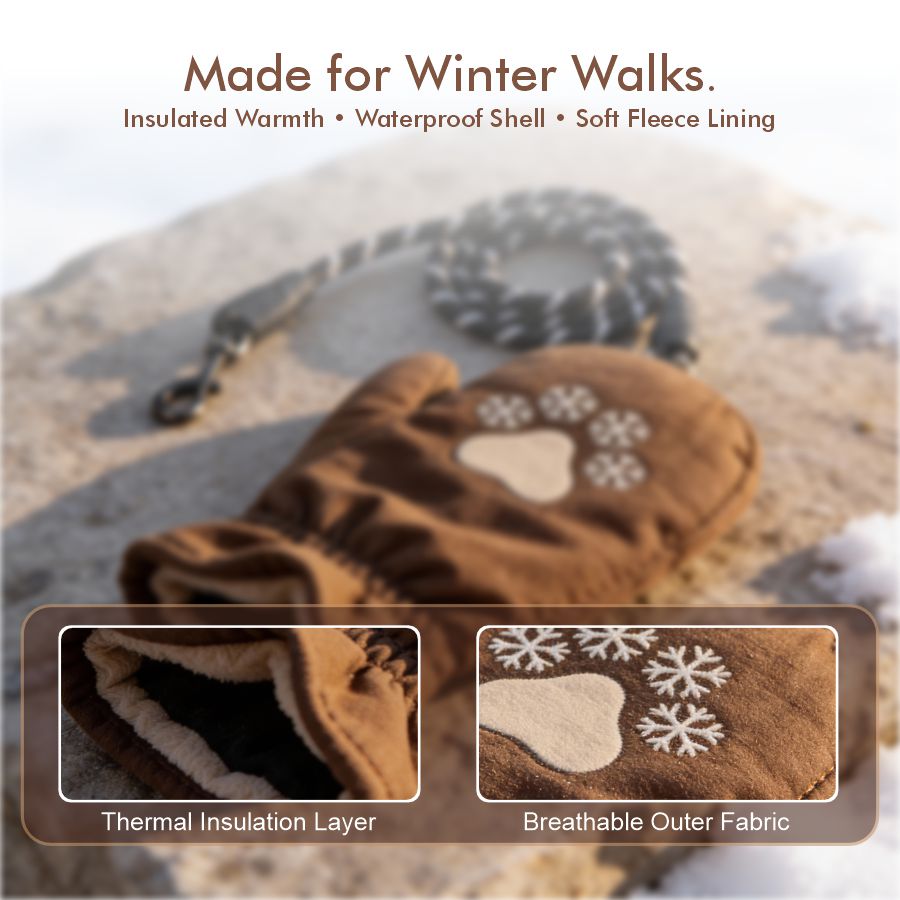 Brown mittens with heart and snowflake design on a snowy background, emphasizing insulation and waterproof features.