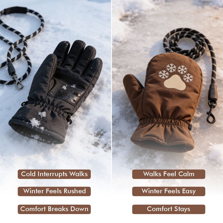 Pair of black gloves and a brown glove with a heart and snowflake design on a snowy background.