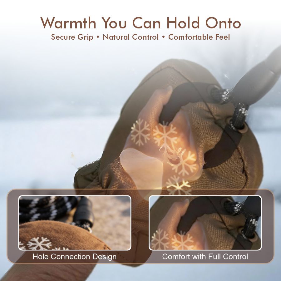 Product with text 'Warmth You Can Hold Onto' and features 'Secure Grip', 'Natural Control', and 'Comfortable Feel'.