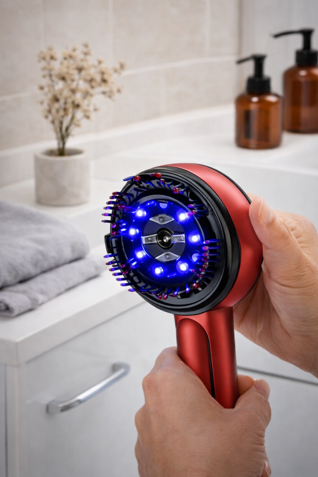 Red handheld device with blue LED lights held by a hand in a bathroom setting.