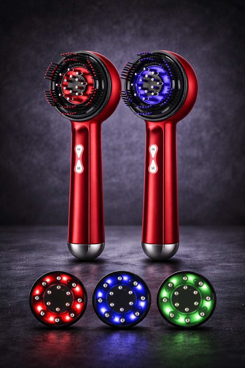 Two red handheld devices with color-changing LED lights on a dark background