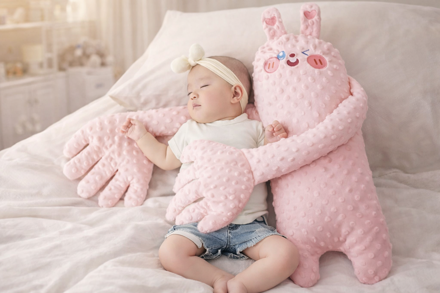 Child hugging a large pink plush toy on a bed
