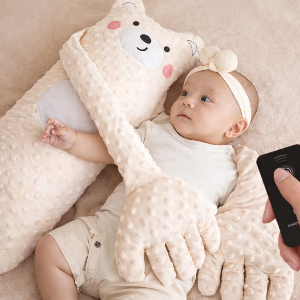 Baby wrapped in a soft blanket with a bear pillow, holding a phone.