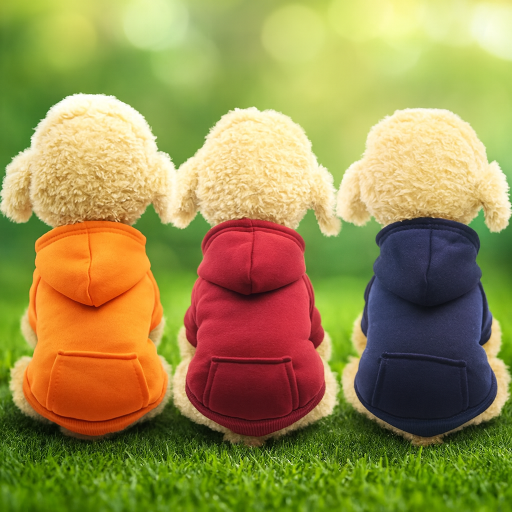 Three toy dogs wearing orange, red, and blue hoodies on a grassy background