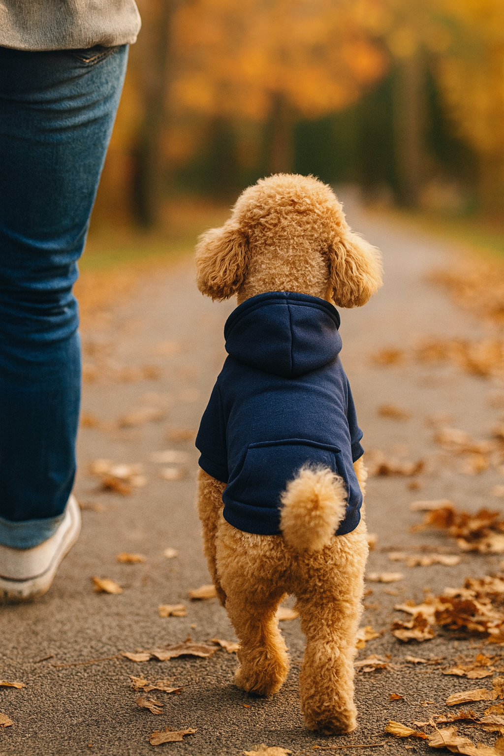 Small dog wearing a blue jacket walking on a path with autumn leaves.