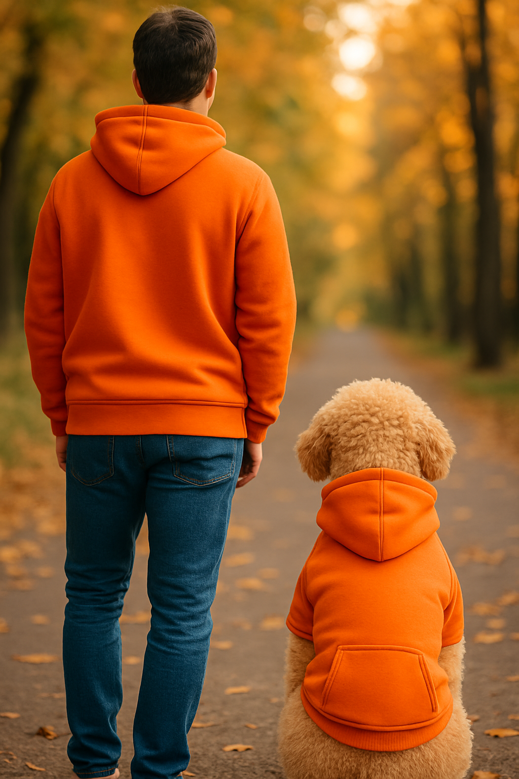 Man and dog wearing orange hoodies walking on a path in an autumn forest.