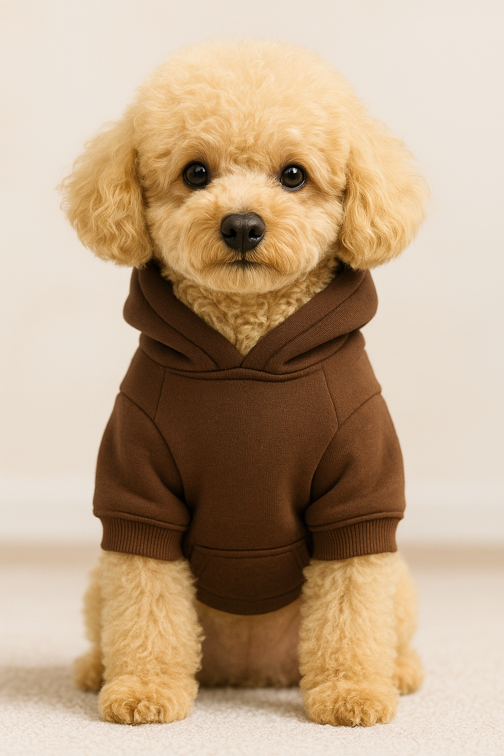 Small dog wearing a brown hoodie on a plain background