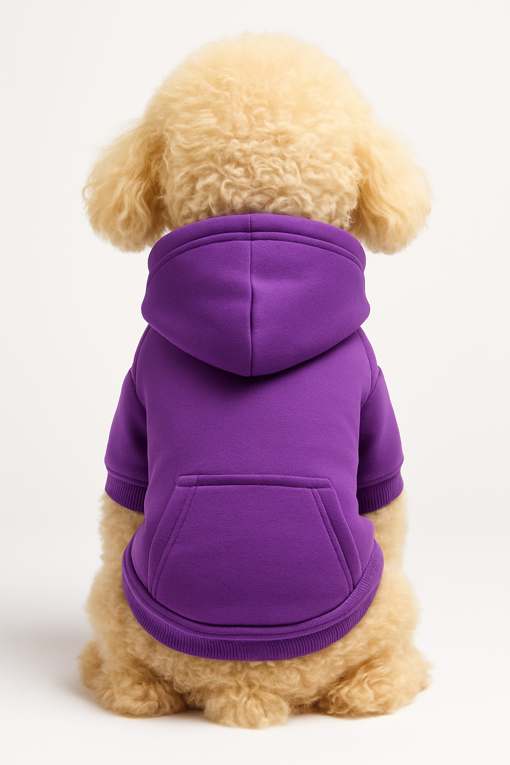 Small dog wearing a purple hoodie on a white background