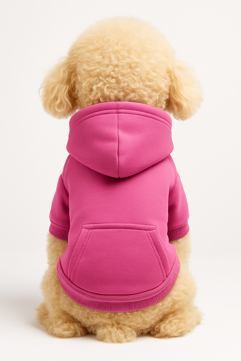Small dog wearing a pink hoodie on a light beige background