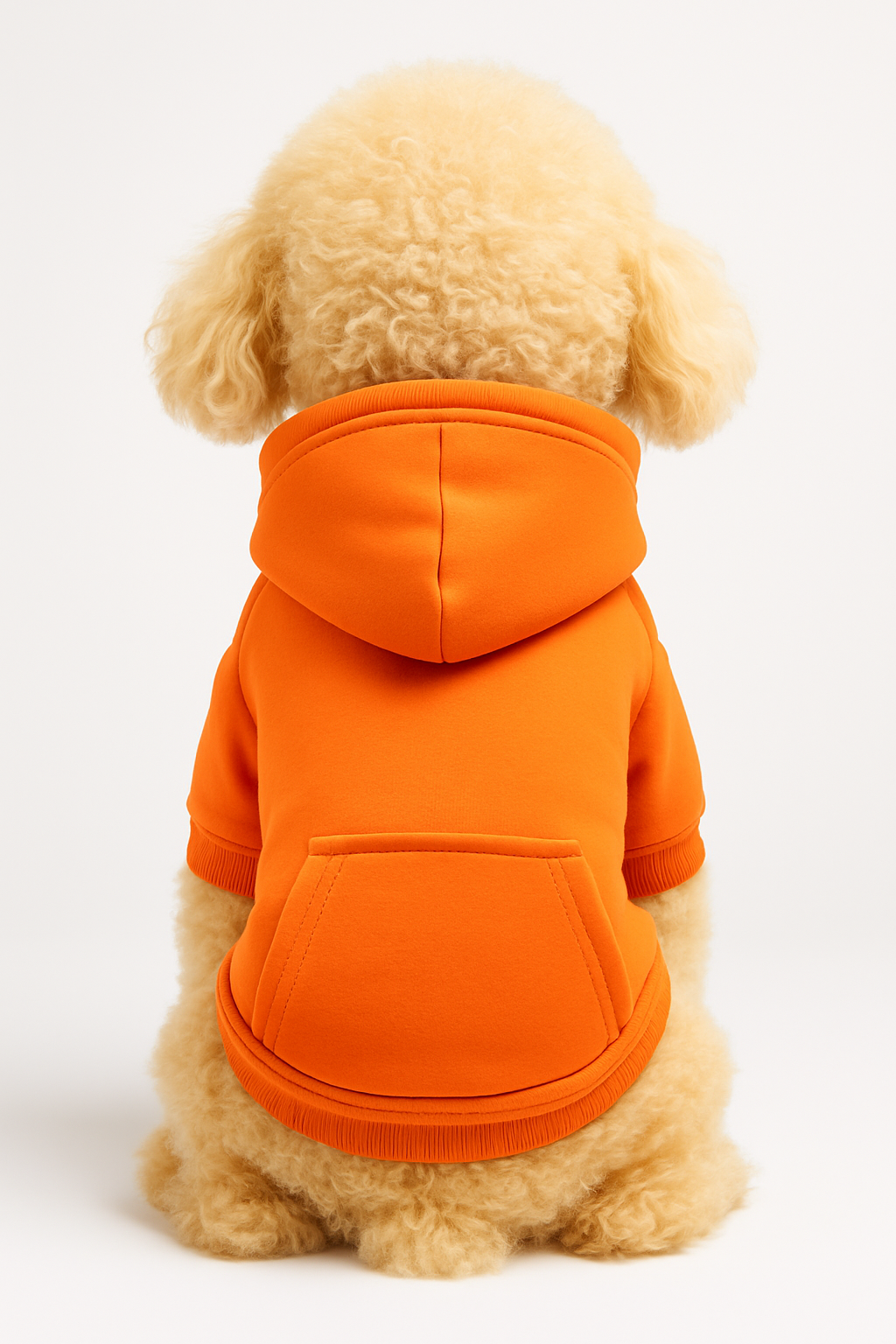 Small dog wearing an orange hoodie on a white background