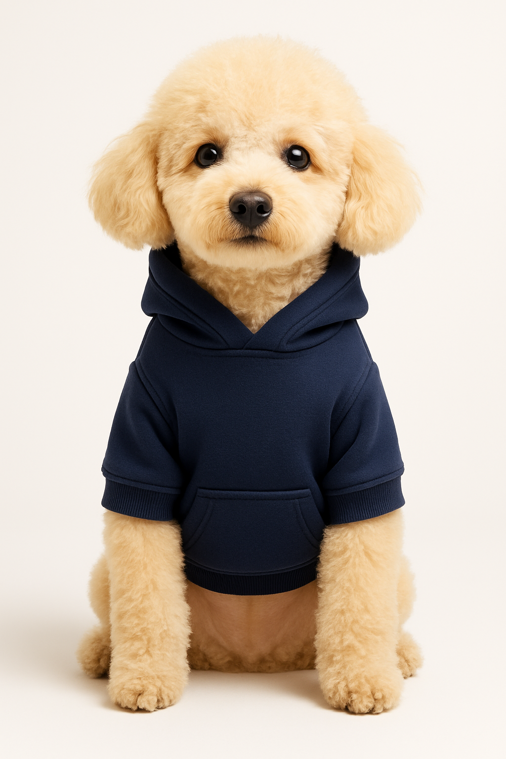 Small dog wearing a navy blue hoodie on a white background