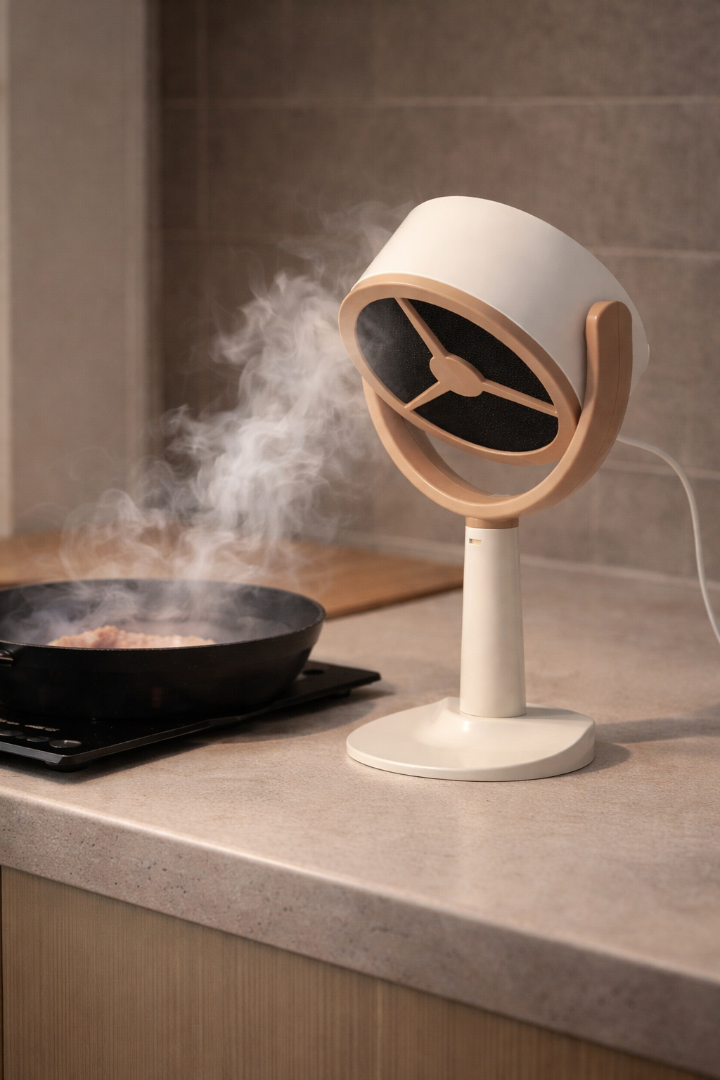 Modern kitchen appliance on a countertop with steam rising from a pan.