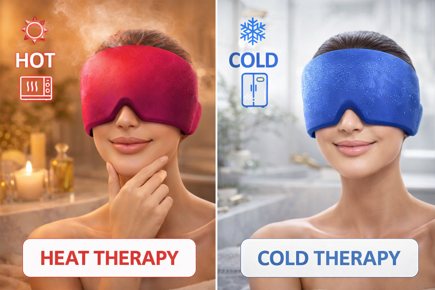 Two women wearing eye masks labeled 'Heat Therapy' and 'Cold Therapy' in a spa setting.