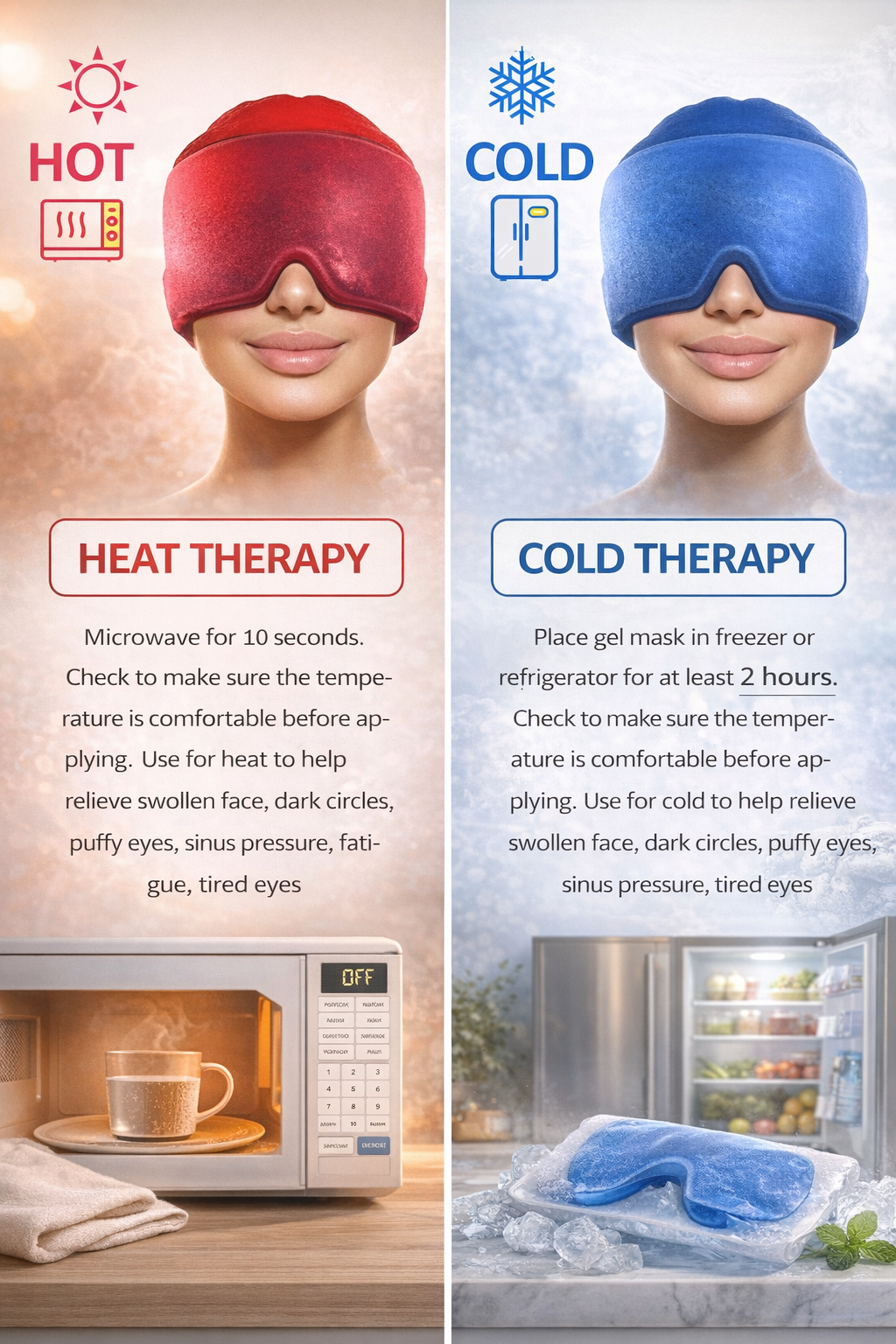 Two images showing a red eye mask for heat therapy and a blue eye mask for cold therapy, with instructions and visuals of using a microwave and freezer.