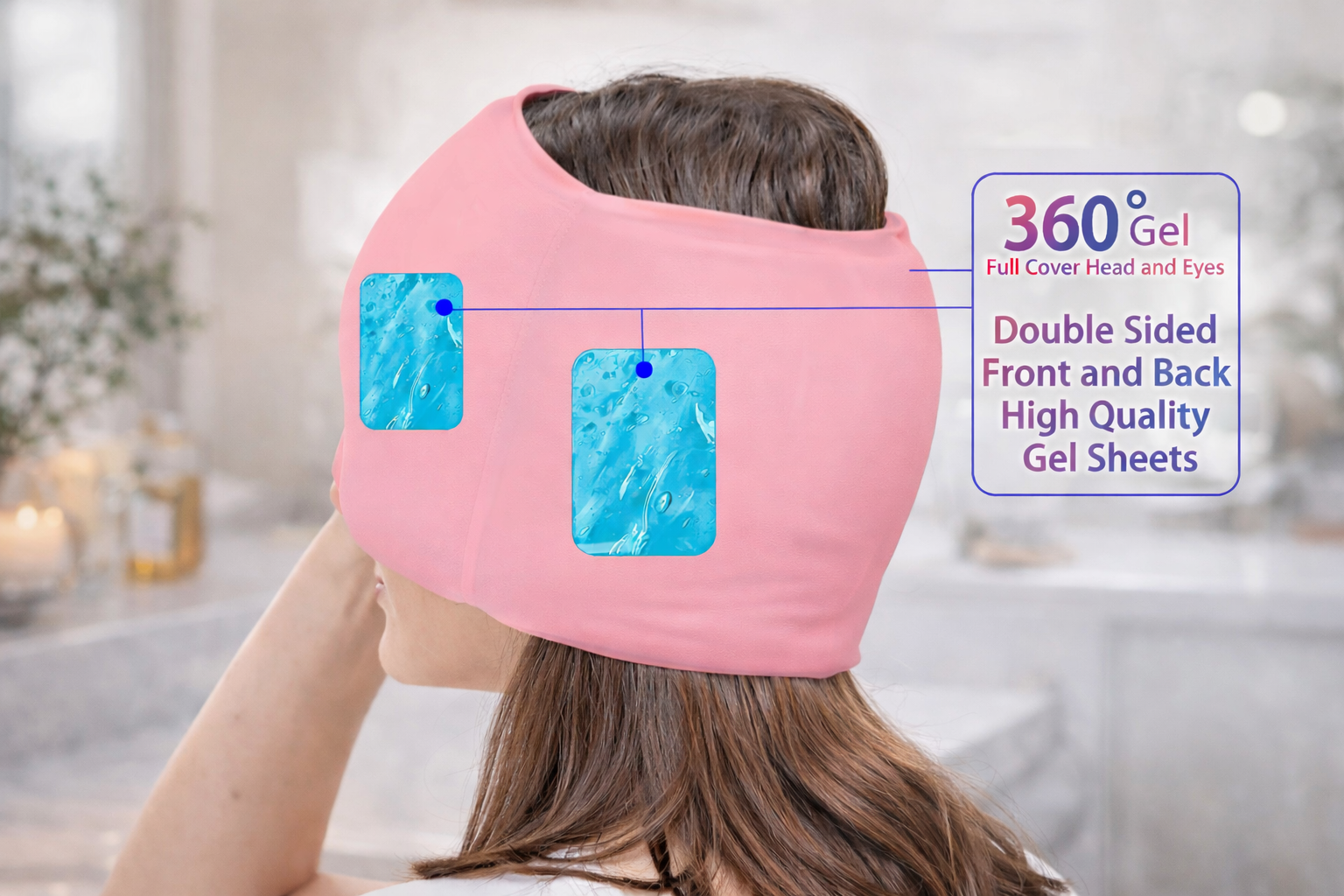 Person wearing a pink eye mask with gel sheets in a blurred indoor setting