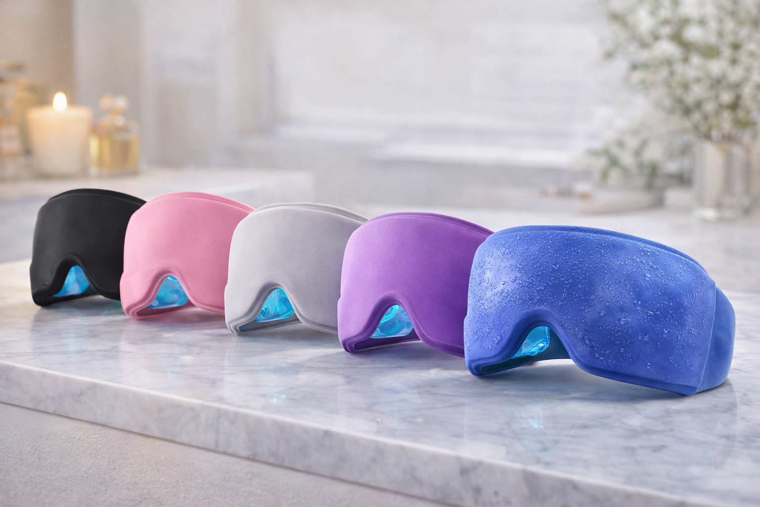 Five colorful eye masks on a marble surface with a blurred background
