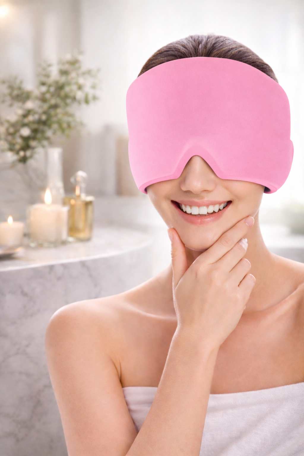 Woman wearing a pink eye mask in a spa setting