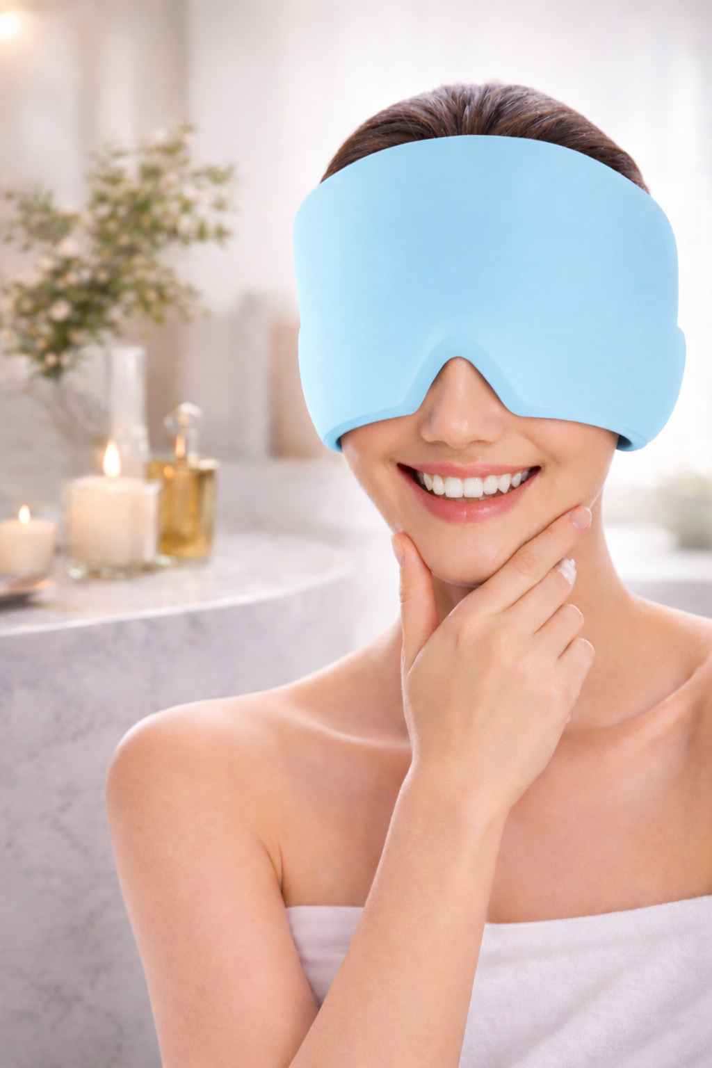 Woman wearing a blue sleep mask in a spa setting