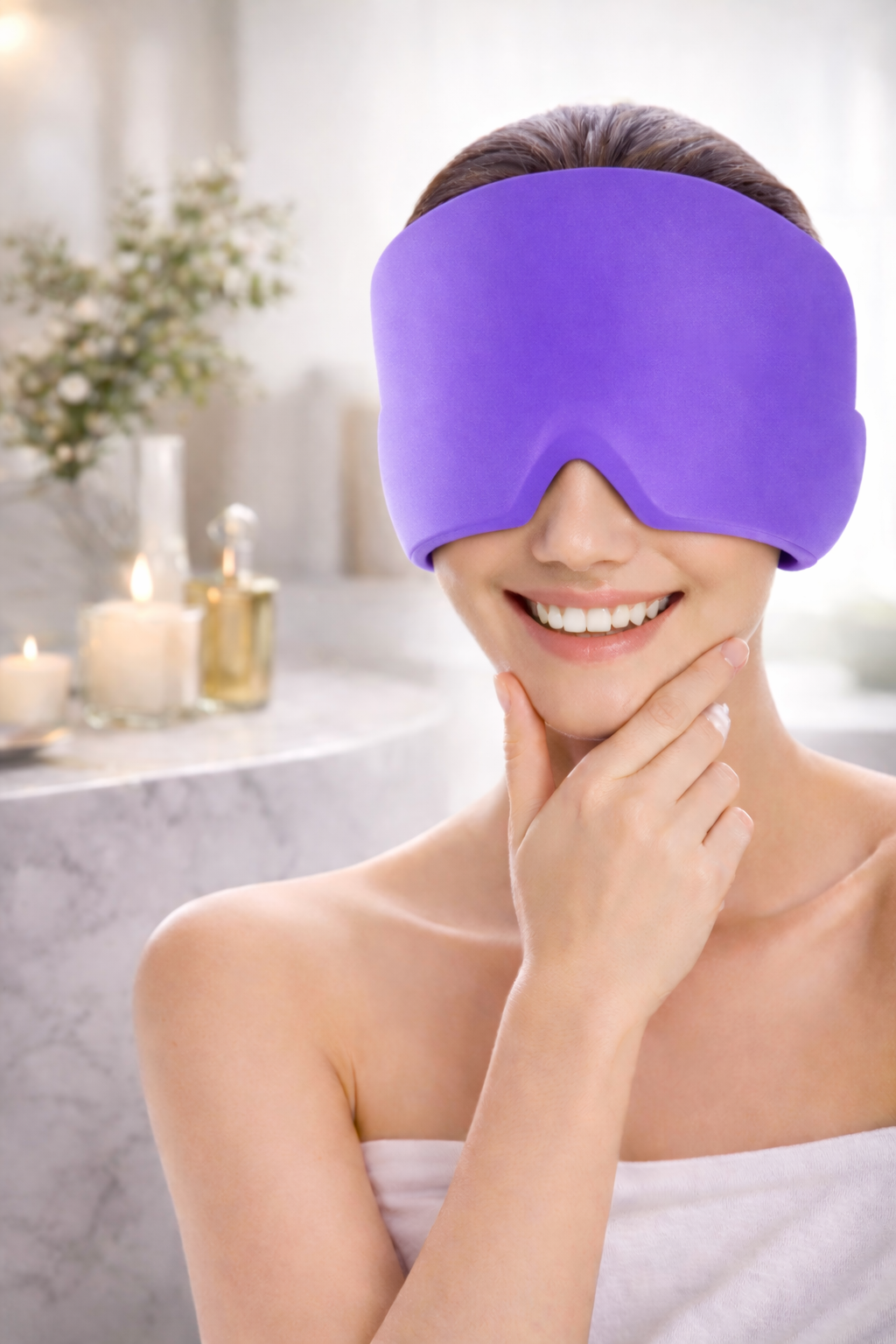 Person wearing a purple sleep mask in a bathroom setting