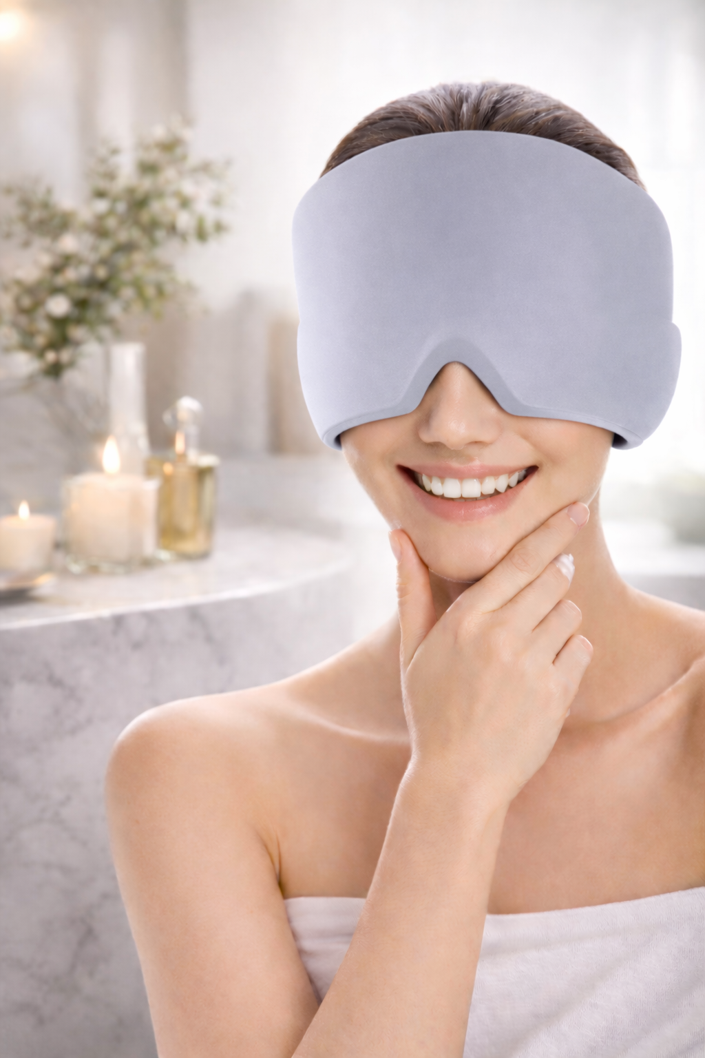 Woman wearing a gray sleep mask in a spa setting