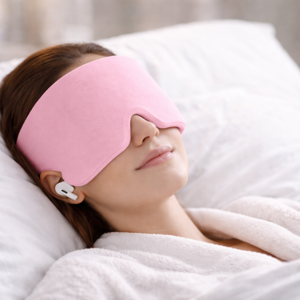 Person wearing a pink sleep mask in bed