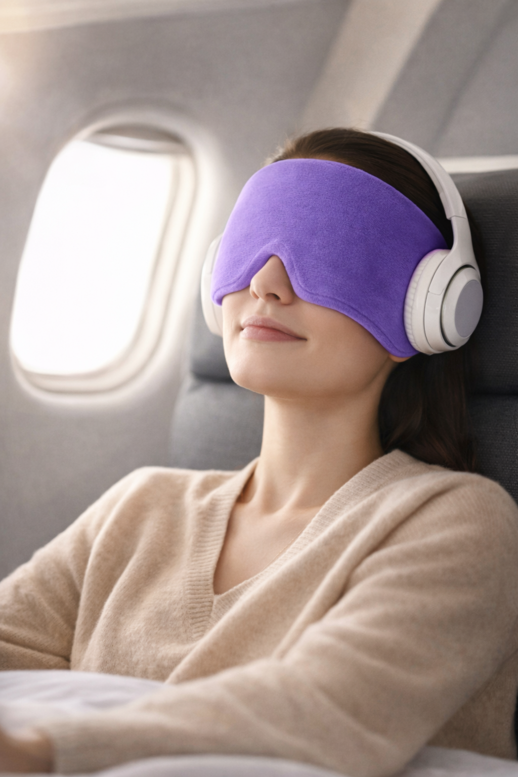Person wearing a purple eye mask and white headphones in an airplane seat.