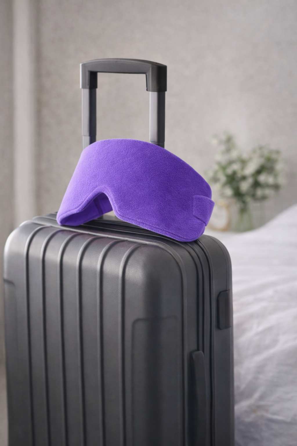 Purple eye mask on a gray suitcase with a blurred background