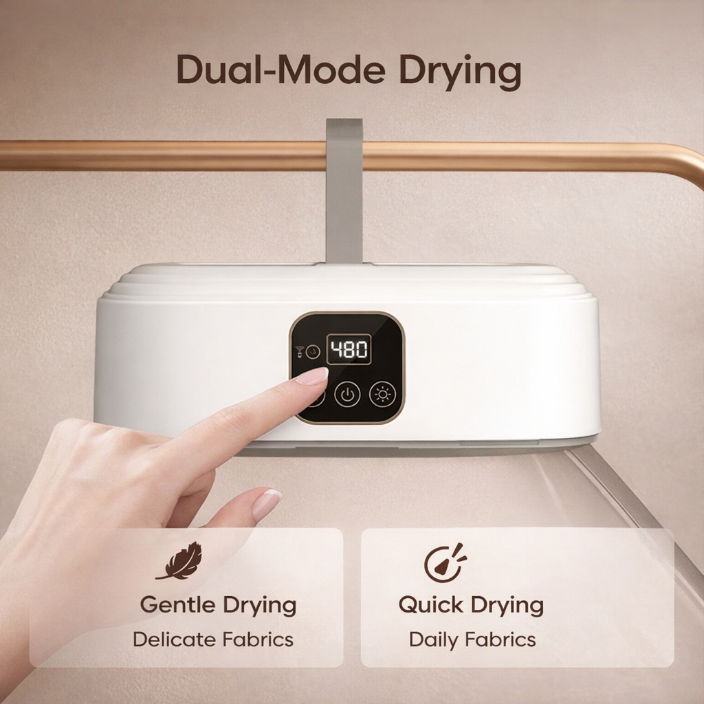 White dryer with digital display and dual-mode drying options, hand interacting with it.