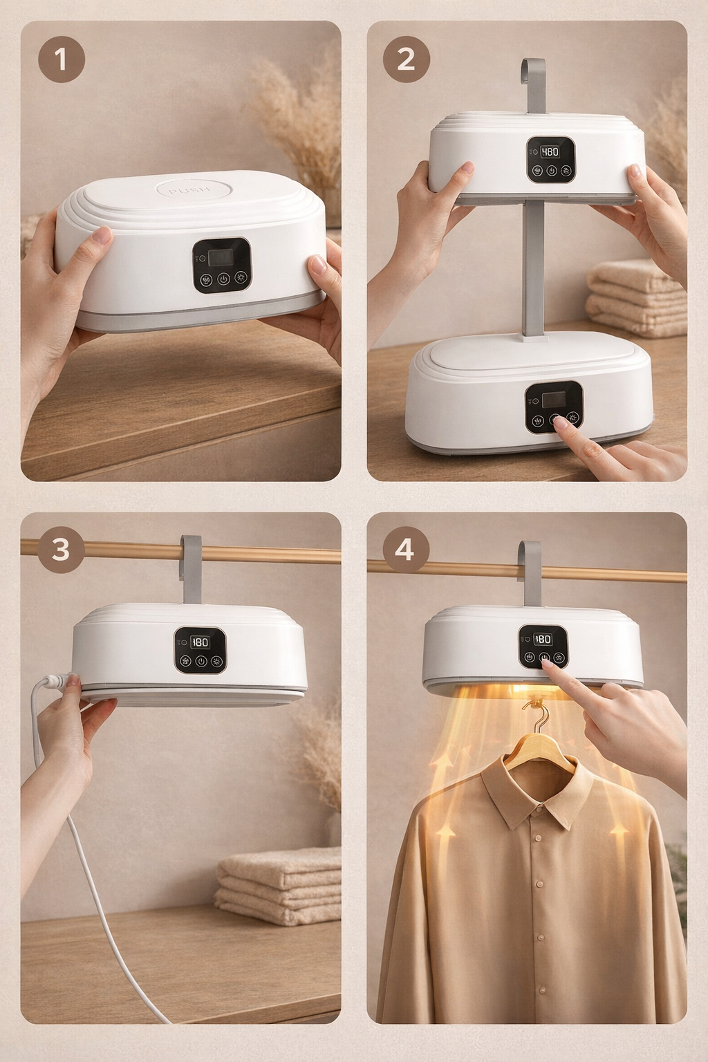 Step-by-step process of using a white garment steamer on a shirt.