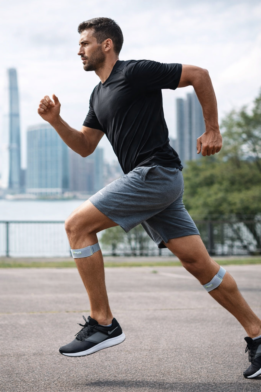 Man running outdoors with city skyline in the background
