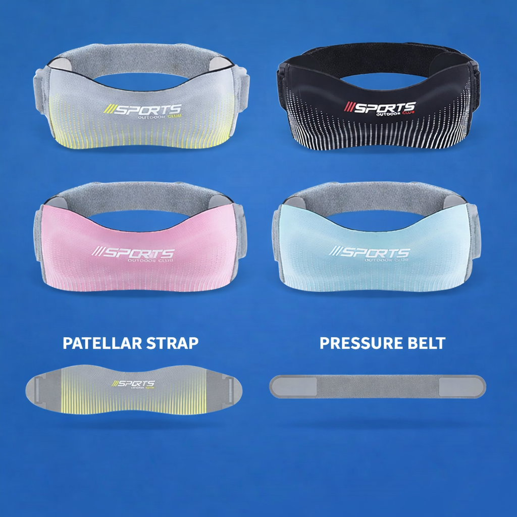 Collection of sports knee straps and belts on a blue background