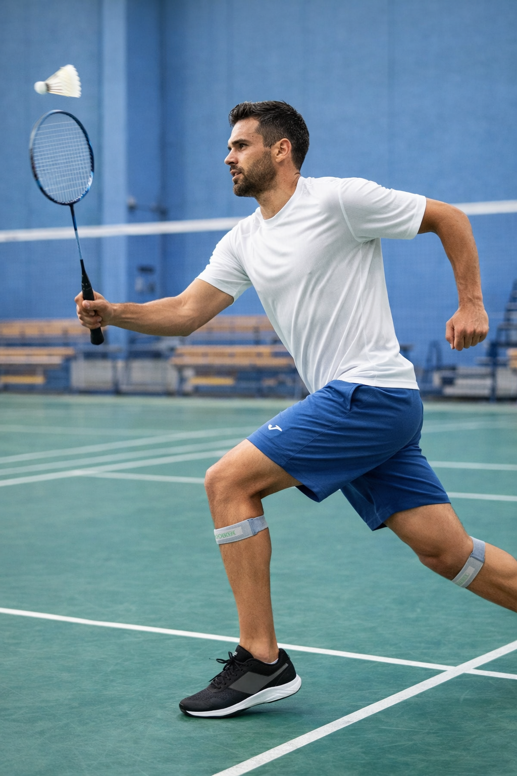 Man playing badminton on a court with a blue wall in the background
