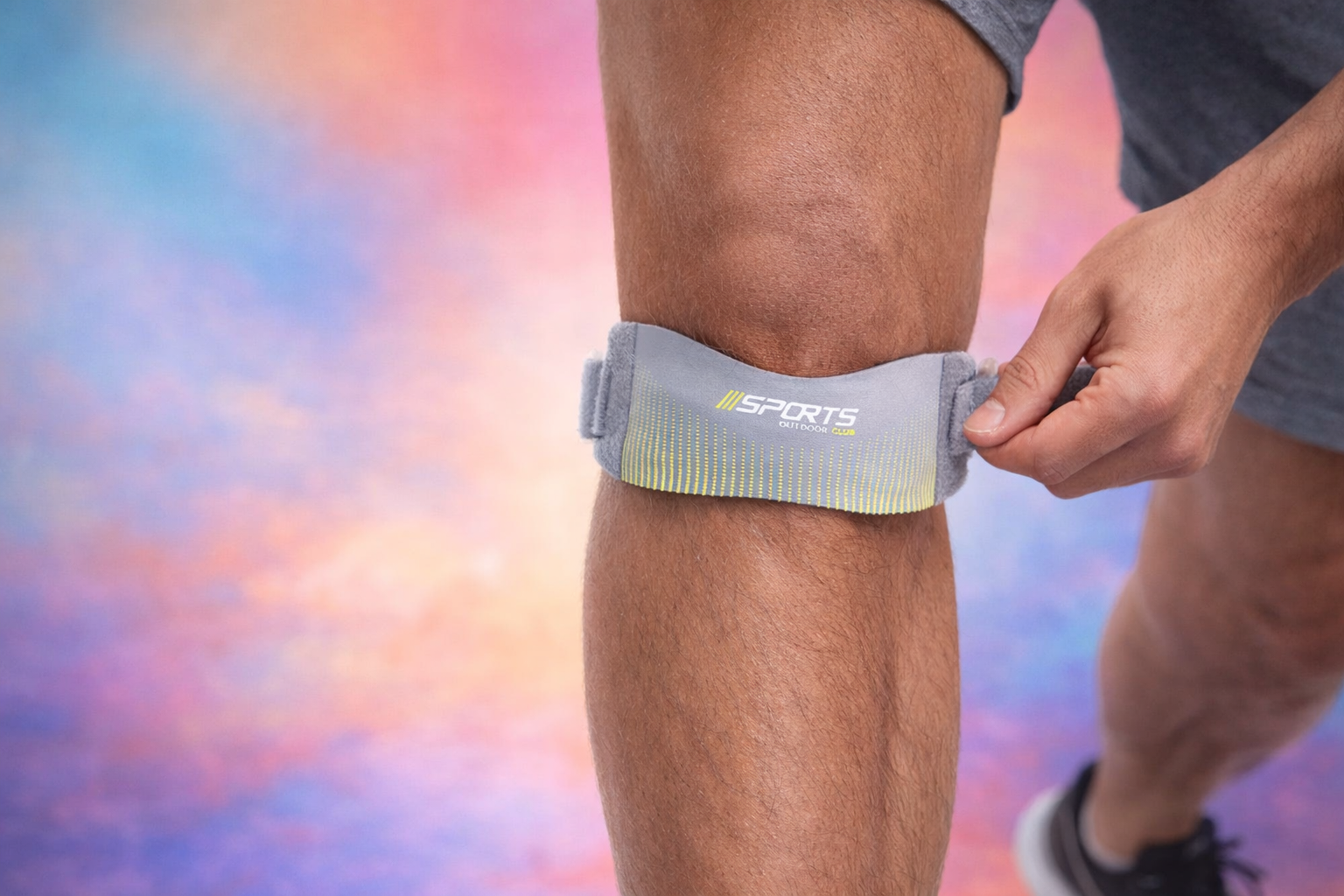 Person wearing a sports band on their knee against a colorful background