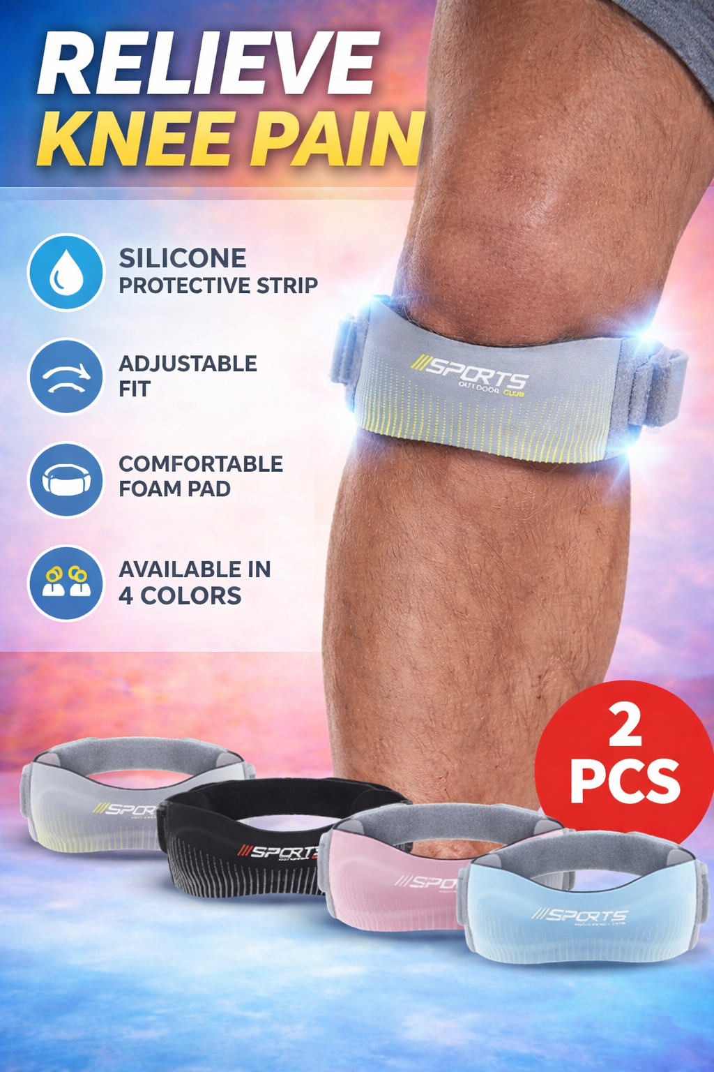 Silicone protective strip for knee pain relief with product features listed.