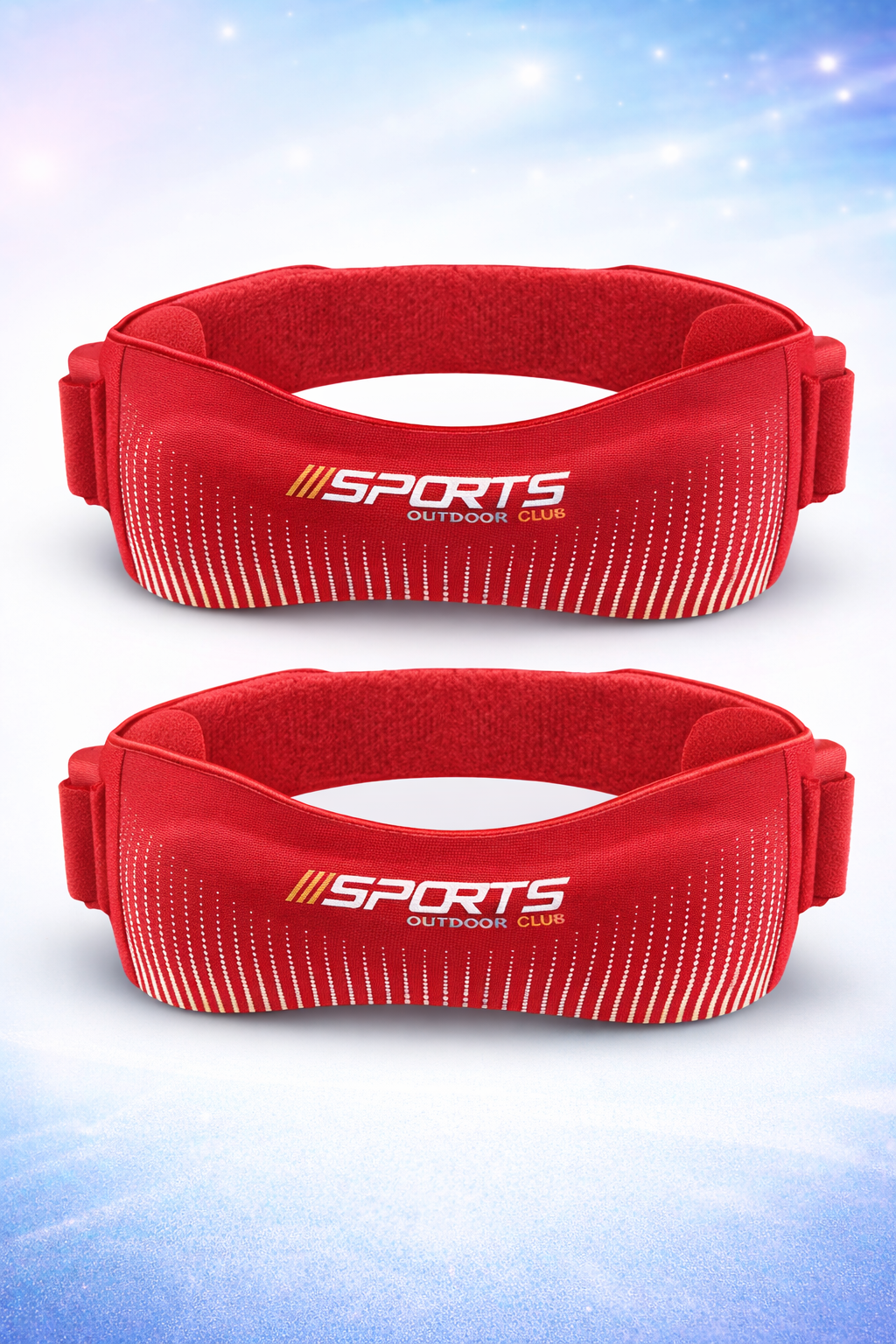 Two red waist belts with 'Sports Outdoor Club' branding on a light blue gradient background.