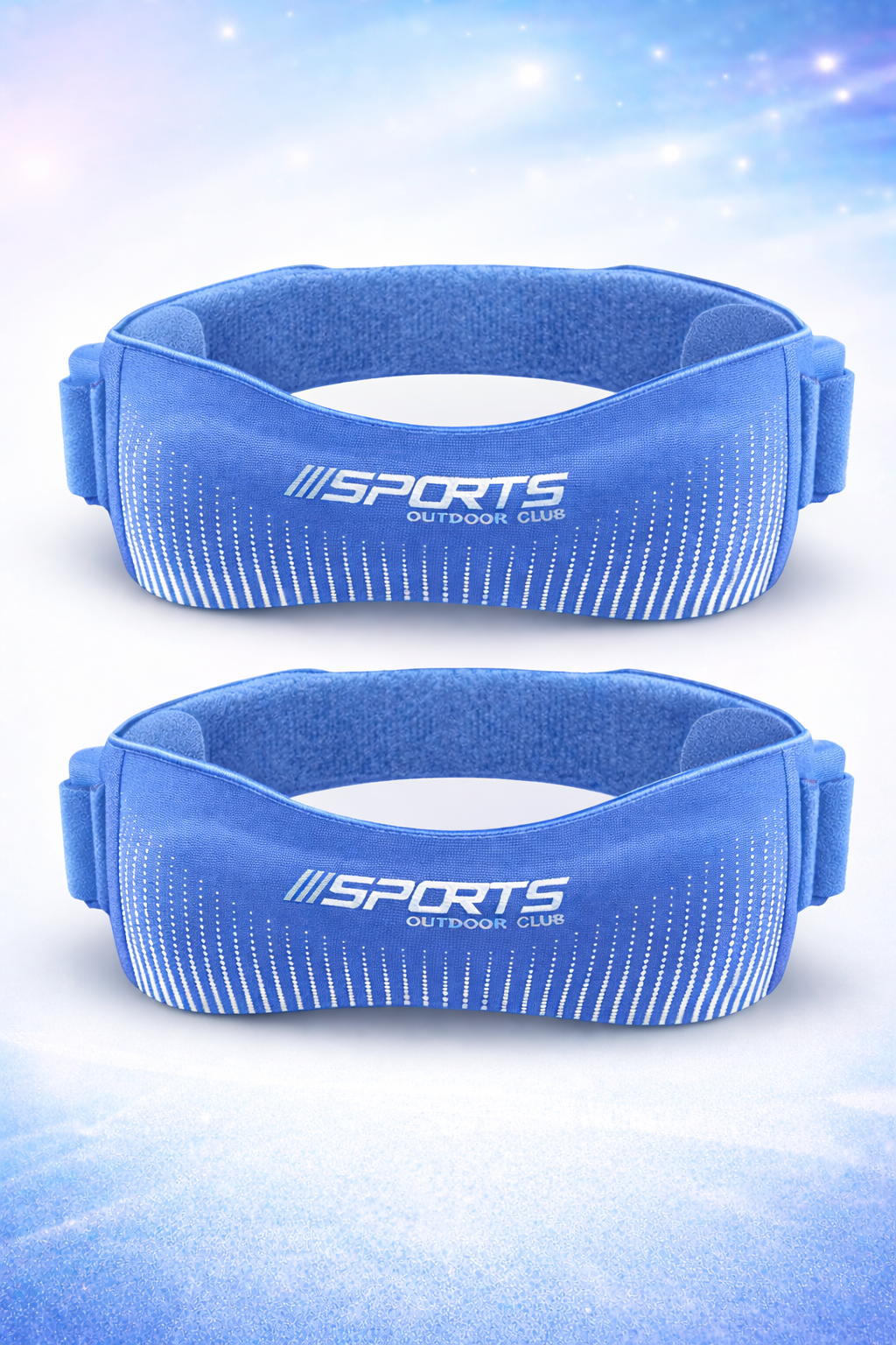 Two blue sweatbands with 'Sports Outdoor Club' branding on a light blue gradient background.