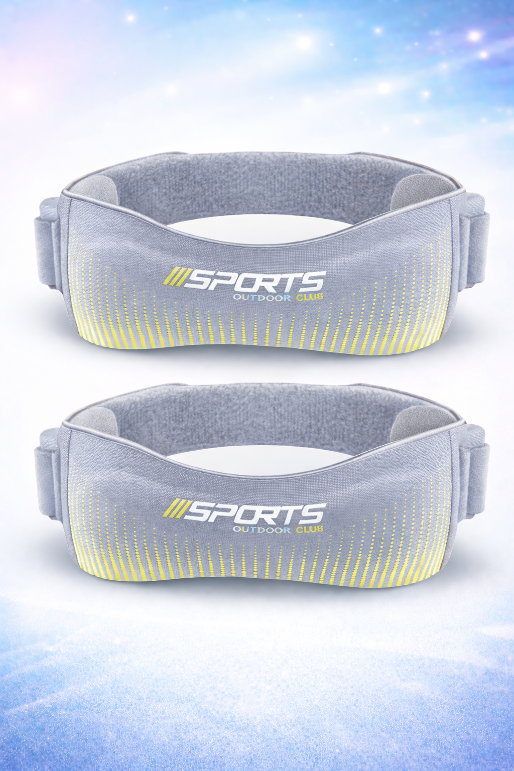 Gray sports armband with yellow accents on a light blue gradient background