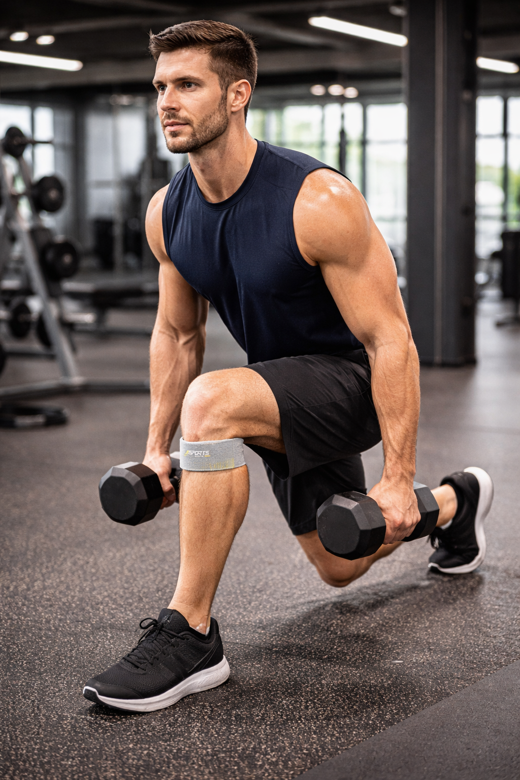 Man performing lunges with dumbbells in a gym setting
