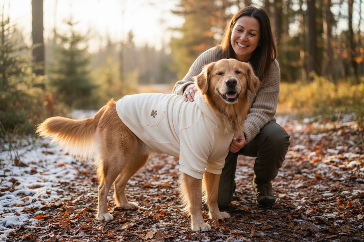 Dog wearing hoodie with owner