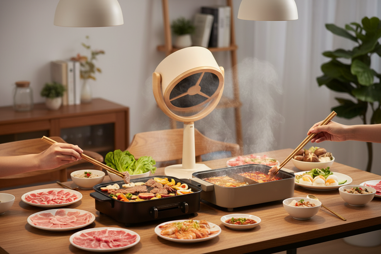 Tabletop hot pot setup with ingredients and a person using chopsticks in a home setting.